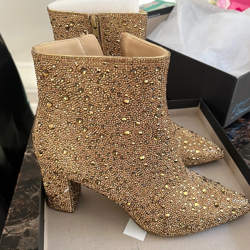 Gold Rhinestone Betsey Johnson boot , brand new with box . Never worn .